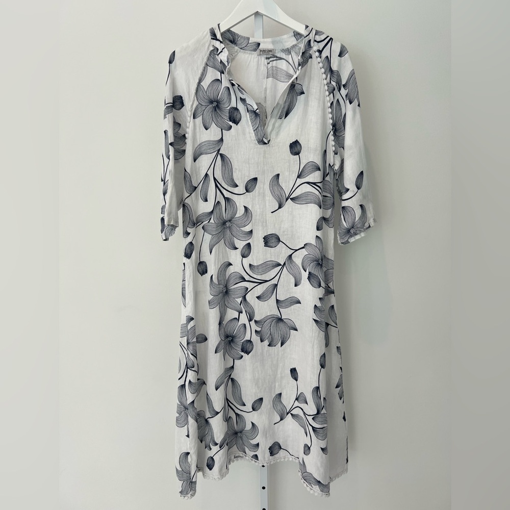 PURE LINO WHITE NAVY FLORAL LINEN DRESS ONE SIZE NWOTS!
